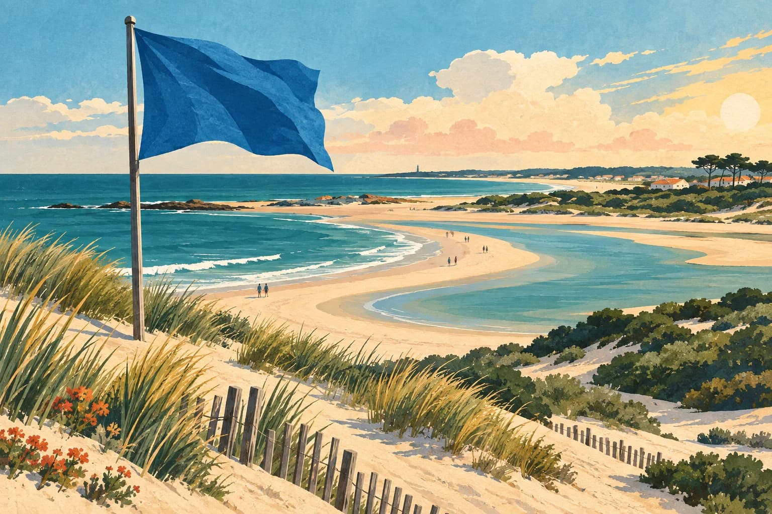Illustration : un drapeau bleu sans logo devant une plage, des dunes et un estuaire évocateurs du littoral vendéen.